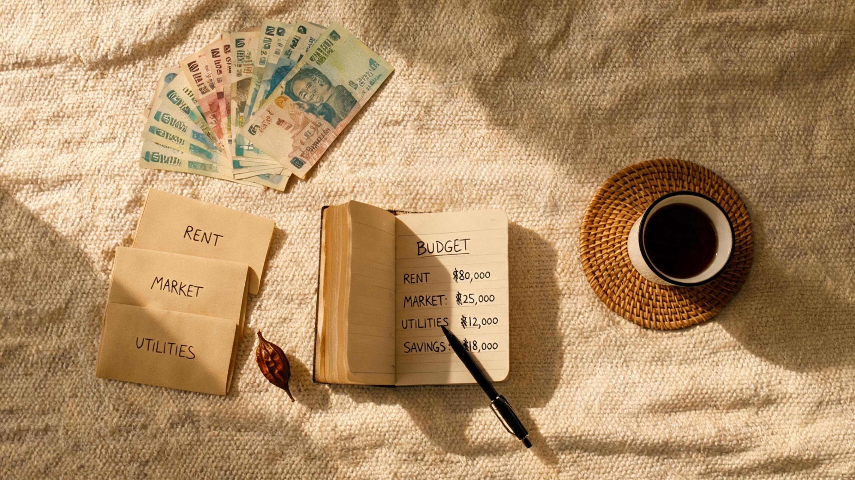 A flat-lay of Naira notes, a budget notebook, envelopes and a cup of tea on a woven cloth in afternoon light.